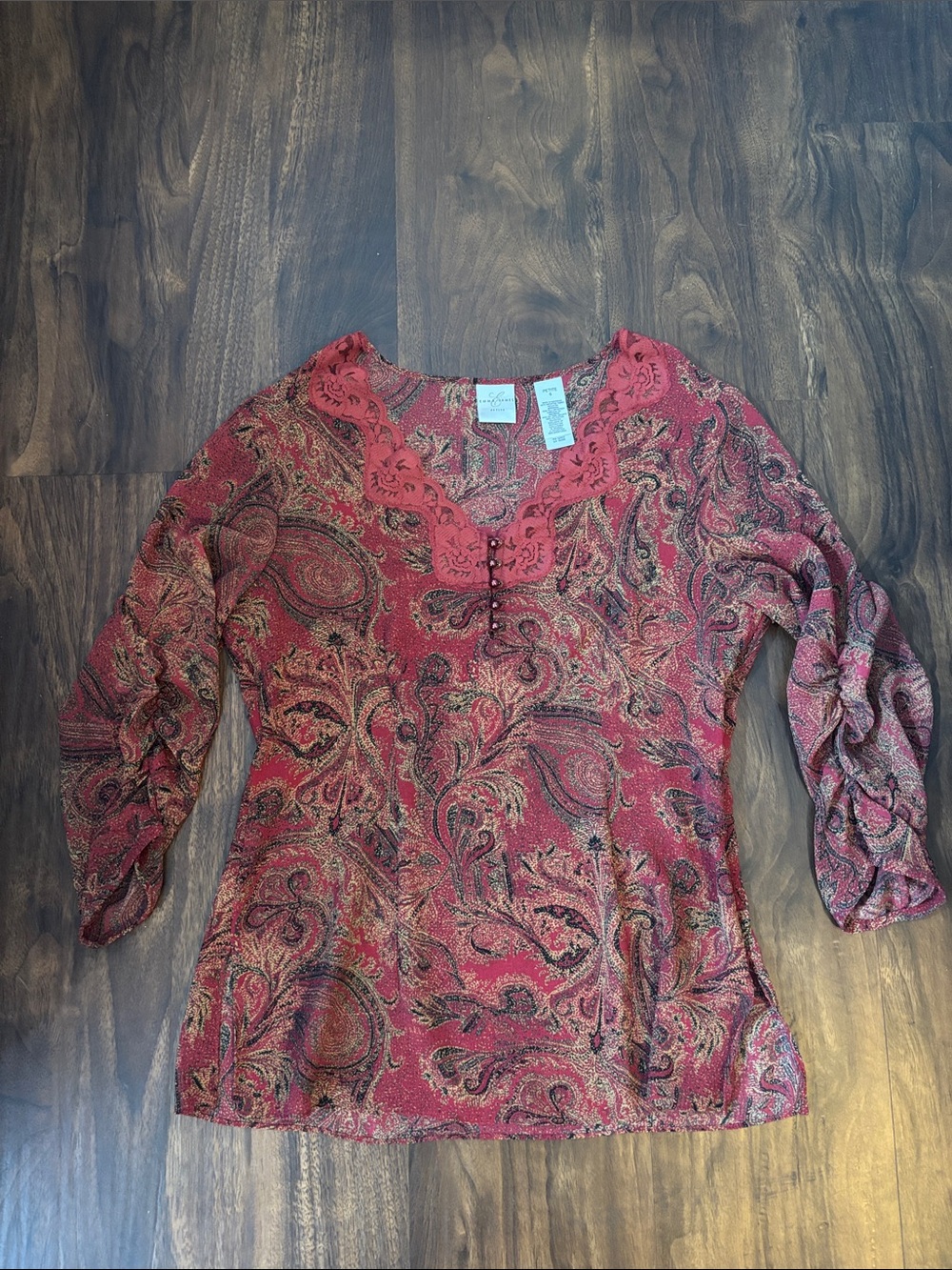 Emma James Red Paisley Blouse with Lace Trim
